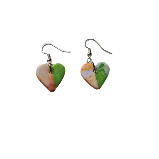 Small heart earrings, Green and orange, women's earrings