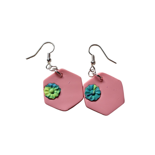 Women's earrings pink hexagon with flowers